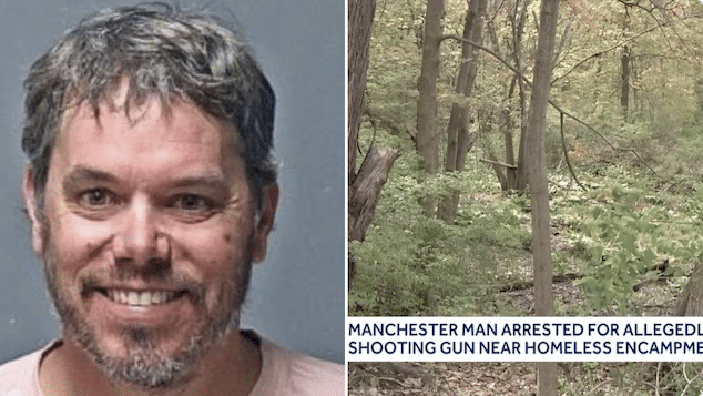 Adam Rousseau, Manchester, New Hampshire man fires multiple gunshots over homeless encampment.